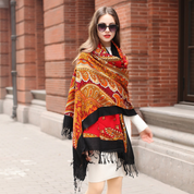 Anyyou 100% Merino Wool Black Red Orange  Silk Satin Large Winter Scarf Pashmina Shawl Bandana Perfect for Women Ladies Fashion Style