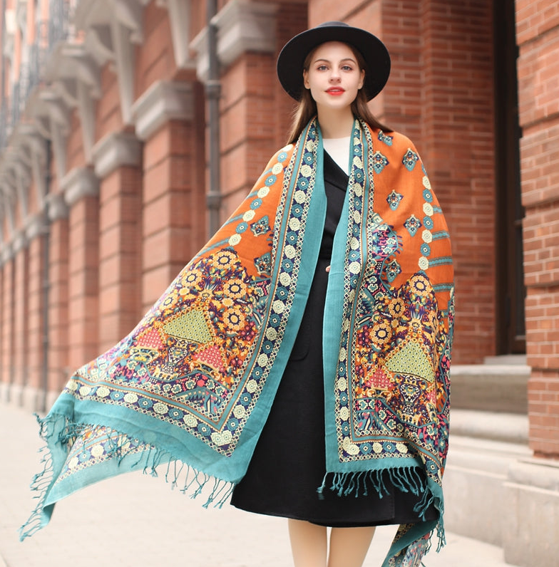 Anyyou 100% Merino Wool Simple Blue Colored Patterns Neck Silk Satin Large Winter Scarf Pashmina Shawl Bandana Perfect For Women Ladies Fashion Style