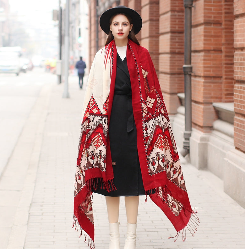 Anyyou 100% Merino Wool Garnet  Silk Satin Large Winter Scarf Pashmina Shawl Bandana Perfect For Women Ladies Fashion Style