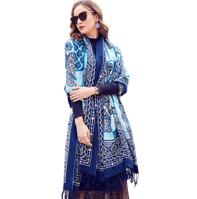 Anyyou 100% Merino Wool Navy Blue  Silk Satin Large Winter Scarf Pashmina Shawl Bandana Perfect For Women Ladies Fashion Style