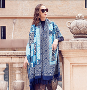 Anyyou 100% Merino Wool Navy Blue  Silk Satin Large Winter Scarf Pashmina Shawl Bandana Perfect For Women Ladies Fashion Style