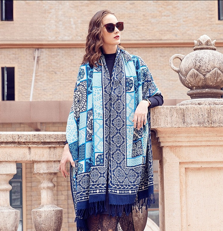Anyyou 100% Merino Wool Navy Blue  Silk Satin Large Winter Scarf Pashmina Shawl Bandana Perfect For Women Ladies Fashion Style