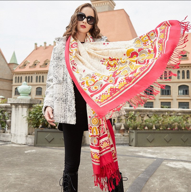 Anyyou 100% Merino Wool Red White Gold  Silk Satin Large Winter Scarf Pashmina Shawl Bandana Perfect For Women Ladies Fashion Style
