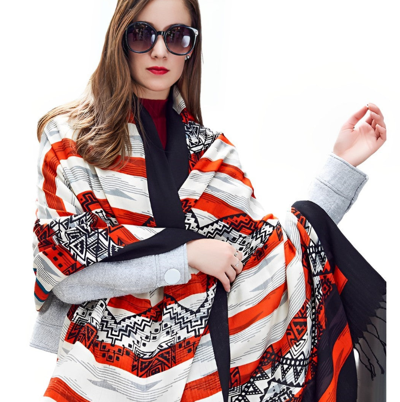 Anyyou 100% Pure Merino Wool Red Stripes Stylish Poncho Winter Large Scarf With Trendy Pashmina Shawl Bandana  For Womenfashion Design