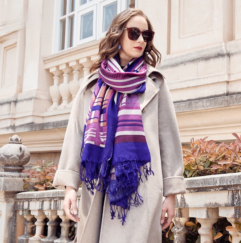 Anyyou 100% Merino Wool Purple Pink Lines  Silk Satin Large Winter Scarf Pashmina Shawl Bandana Perfect For Women Ladies Fashion Style