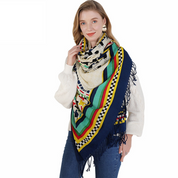 Anyyou 100% Merino Wool Blue Yellow Cab Pattern  Silk Satin Large Winter Scarf Pashmina Shawl Bandana Perfect For Women Ladies Fashion Style