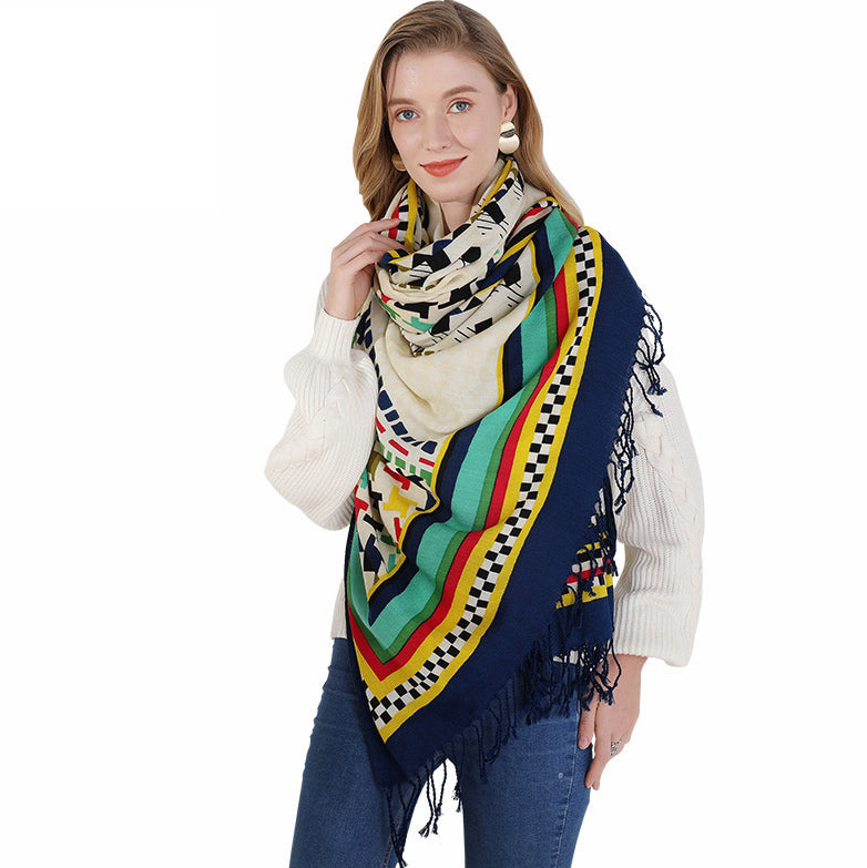 Anyyou 100% Merino Wool Blue Yellow Cab Pattern  Silk Satin Large Winter Scarf Pashmina Shawl Bandana Perfect For Women Ladies Fashion Style