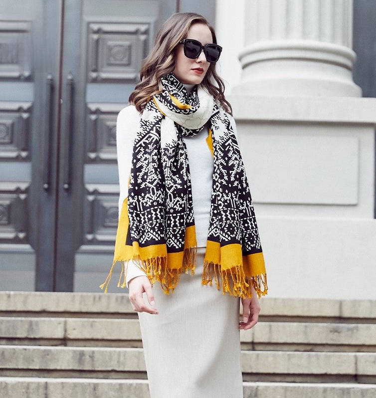 Anyyou 100% Merino Wool Mustard And Patterns  Silk Satin Large Winter Scarf Pashmina Shawl Bandana Perfect For Women Ladies Fashion Style