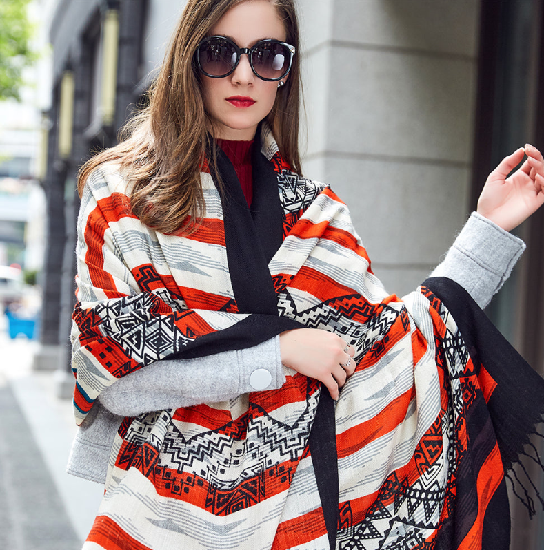 Anyyou 100% Pure Merino Wool Red Stripes Stylish Poncho Winter Large Scarf With Trendy Pashmina Shawl Bandana  For Womenfashion Design