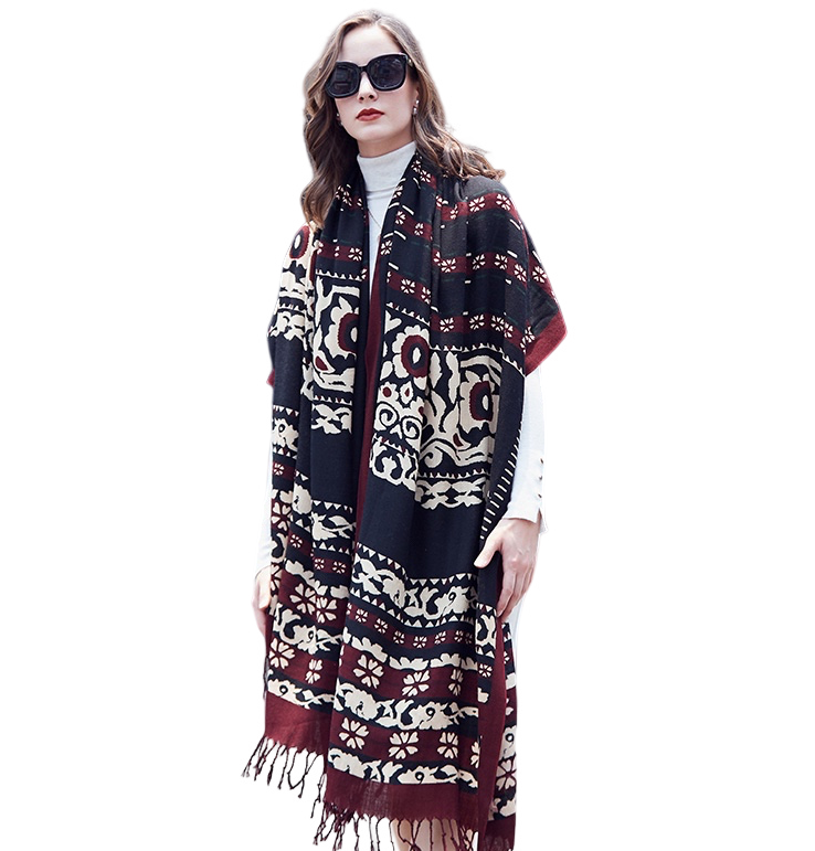 Anyyou 100% Merino Wool Black Burgundy  Silk Satin Large Winter Scarf Pashmina Shawl Bandana Perfect For Women Ladies Fashion Style