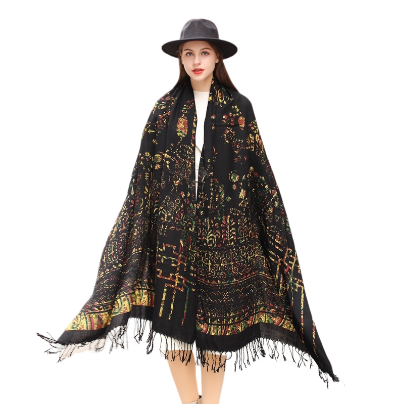 Anyyou 100% Merino Wool Brown Creative Pattern  Silk Satin Large Winter Scarf Pashmina Shawl Bandana Perfect For Women Ladies Fashion Style