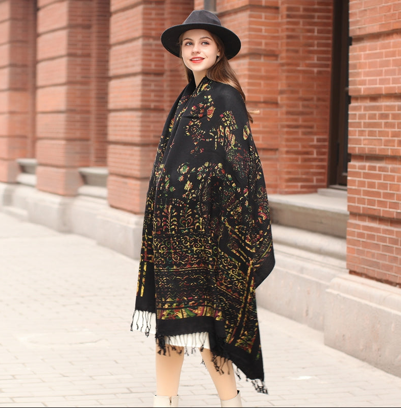 Anyyou 100% Merino Wool Brown Creative Pattern  Silk Satin Large Winter Scarf Pashmina Shawl Bandana Perfect For Women Ladies Fashion Style