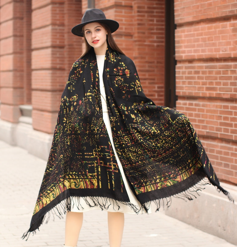 Anyyou 100% Merino Wool Brown Creative Pattern  Silk Satin Large Winter Scarf Pashmina Shawl Bandana Perfect For Women Ladies Fashion Style