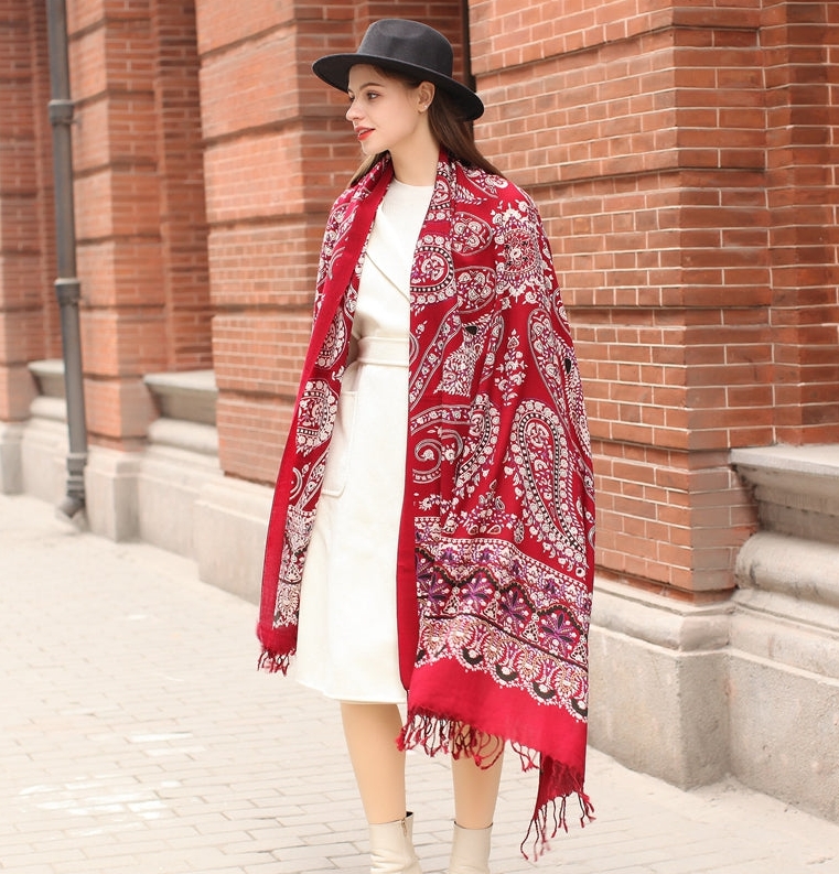 Anyyou 100% Merino Wool Claret  Silk Satin Large Winter Scarf Pashmina Shawl Bandana Perfect For Women Ladies Fashion Style