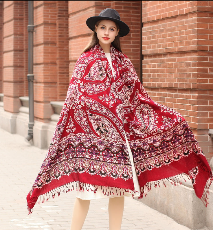 Anyyou 100% Merino Wool Claret  Silk Satin Large Winter Scarf Pashmina Shawl Bandana Perfect For Women Ladies Fashion Style