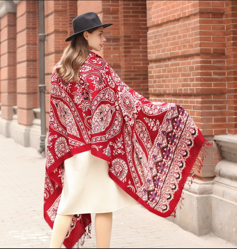 Anyyou 100% Merino Wool Claret  Silk Satin Large Winter Scarf Pashmina Shawl Bandana Perfect For Women Ladies Fashion Style