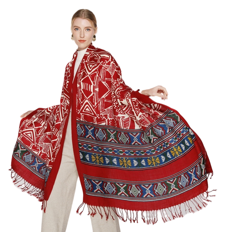 Anyyou 100% Merino Wool Red Aztec Chic  Silk Satin Large Winter Scarf Pashmina Shawl Bandana Perfect For Women Ladies Fashion Style