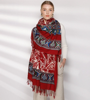 Anyyou 100% Merino Wool Red Aztec Chic  Silk Satin Large Winter Scarf Pashmina Shawl Bandana Perfect For Women Ladies Fashion Style
