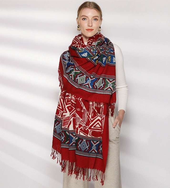Anyyou 100% Merino Wool Red Aztec Chic  Silk Satin Large Winter Scarf Pashmina Shawl Bandana Perfect For Women Ladies Fashion Style