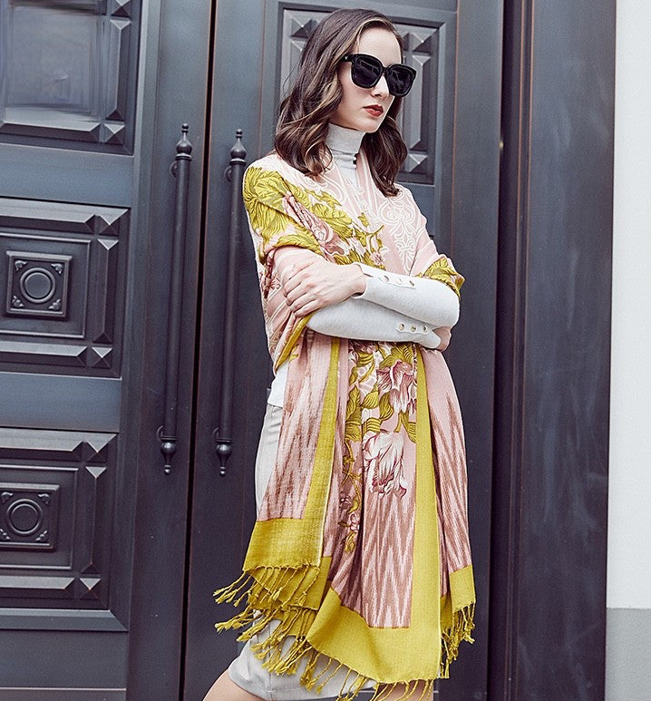 Anyyou 100% Merino Wool Yellow Pink Elegance Neck Silk Satin Large Winter Scarf Pashmina Shawl Bandana Perfect For Women Ladies Fashion Style