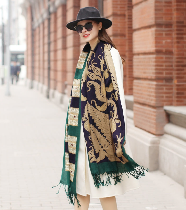 Anyyou 100% Merino Wool Green Archeologic  Silk Satin Large Winter Scarf Pashmina Shawl Bandana Perfect For Women Ladies Fashion Style