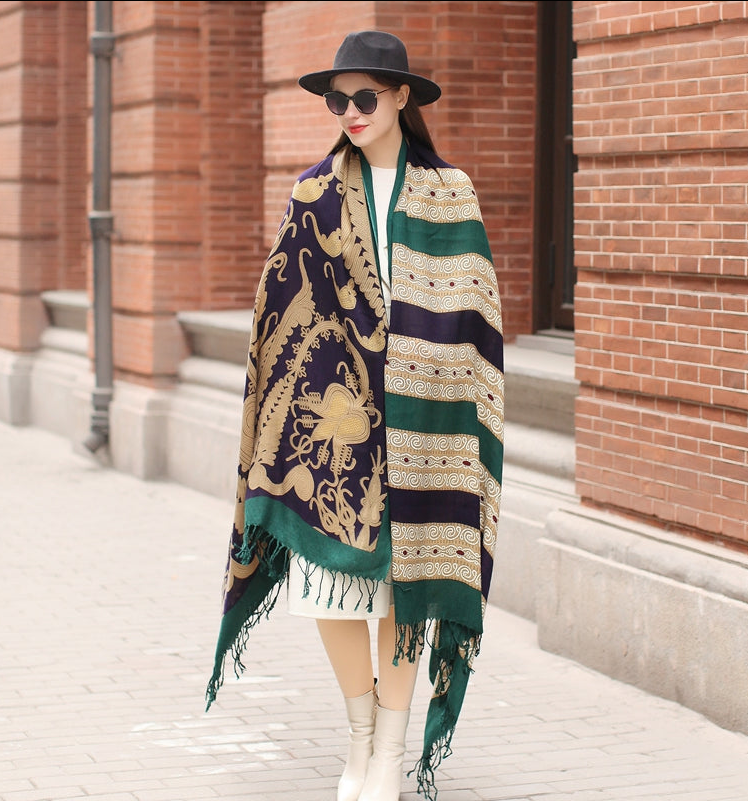 Anyyou 100% Merino Wool Green Archeologic  Silk Satin Large Winter Scarf Pashmina Shawl Bandana Perfect For Women Ladies Fashion Style