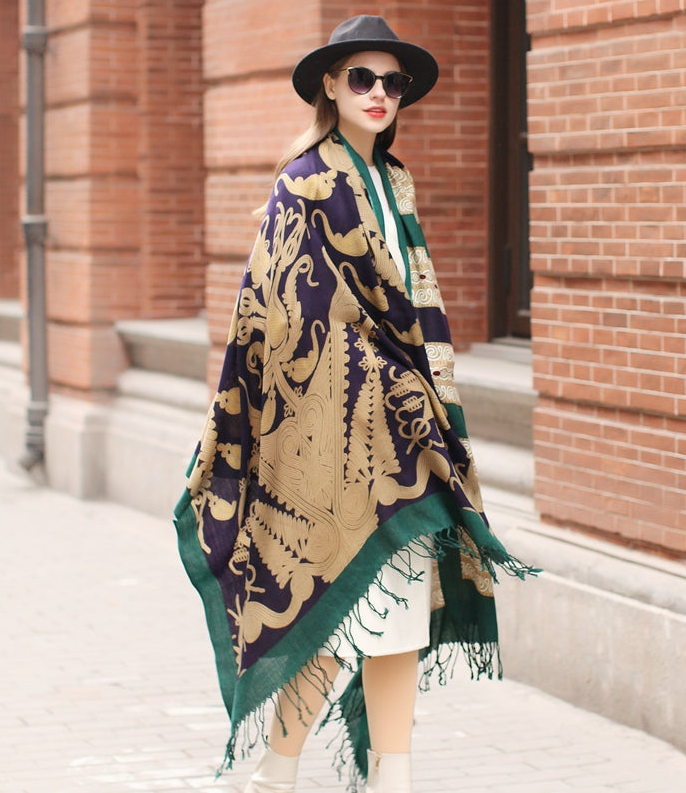 Anyyou 100% Merino Wool Green Archeologic  Silk Satin Large Winter Scarf Pashmina Shawl Bandana Perfect For Women Ladies Fashion Style