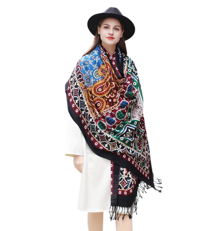 Anyyou 100% Merino Wool Black Multipatterns  Silk Satin Large Winter Scarf Pashmina Shawl Bandana Perfect For Women Ladies Fashion Style