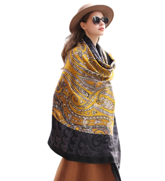 Anyyou 100% Merino Wool Black-Yellow  Silk Satin Large Winter Scarf Pashmina Shawl Bandana Perfect For Women Ladies Fashion Style