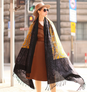 Anyyou 100% Merino Wool Black-Yellow  Silk Satin Large Winter Scarf Pashmina Shawl Bandana Perfect For Women Ladies Fashion Style