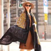 Anyyou 100% Merino Wool Black-Yellow  Silk Satin Large Winter Scarf Pashmina Shawl Bandana Perfect For Women Ladies Fashion Style