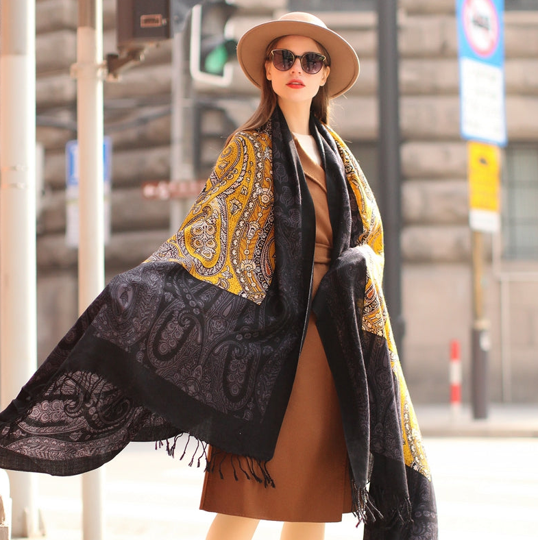 Anyyou 100% Merino Wool Black-Yellow  Silk Satin Large Winter Scarf Pashmina Shawl Bandana Perfect For Women Ladies Fashion Style