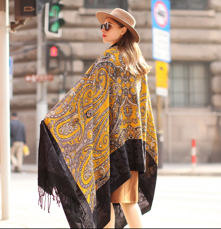 Anyyou 100% Merino Wool Black-Yellow  Silk Satin Large Winter Scarf Pashmina Shawl Bandana Perfect For Women Ladies Fashion Style