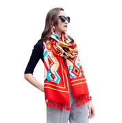 Anyyou 100% Merino Wool Orange Native Tribe  Silk Satin Large Winter Scarf Pashmina Shawl Bandana Perfect For Women Ladies Fashion Style