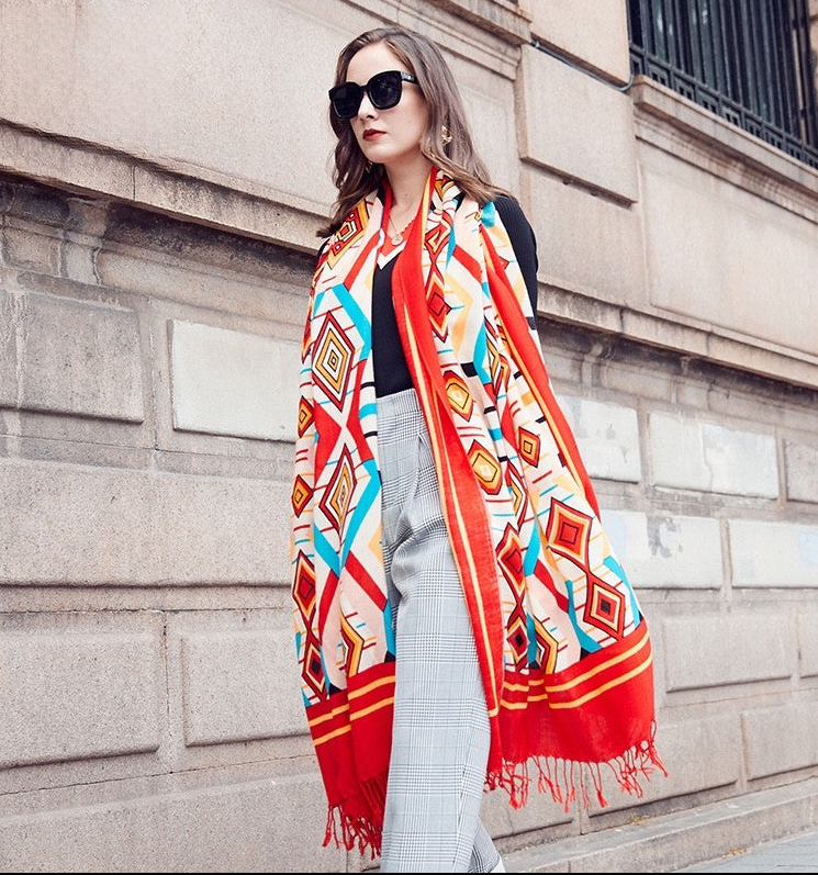 Anyyou 100% Merino Wool Orange Native Tribe  Silk Satin Large Winter Scarf Pashmina Shawl Bandana Perfect For Women Ladies Fashion Style