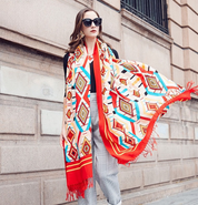 Anyyou 100% Merino Wool Orange Native Tribe  Silk Satin Large Winter Scarf Pashmina Shawl Bandana Perfect For Women Ladies Fashion Style