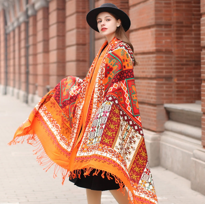 Anyyou 100% Merino Wool Red-Orange  Silk Satin Large Winter Scarf Pashmina Shawl Bandana Perfect For Women Ladies Fashion Style