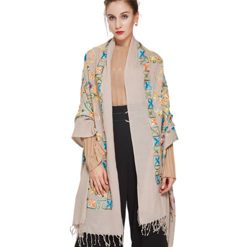 Anyyou 100% Pure Merino Wool Khaki Line Pattern Stylish Poncho Winter Large Scarf With Trendy Pashmina Shawl Bandana For Women Fashion Design