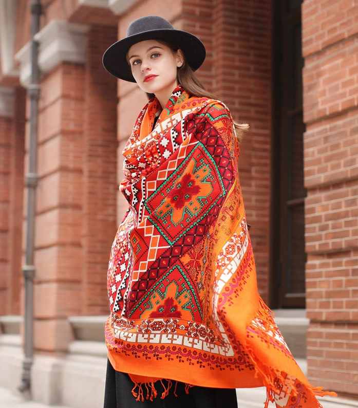 Anyyou 100% Merino Wool Red-Orange  Silk Satin Large Winter Scarf Pashmina Shawl Bandana Perfect For Women Ladies Fashion Style