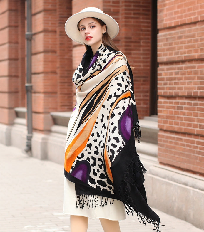 Anyyou 100% Merino Wool Animal Pattern  Silk Satin Large Winter Scarf Pashmina Shawl Bandana Perfect For Women Ladies Fashion Style