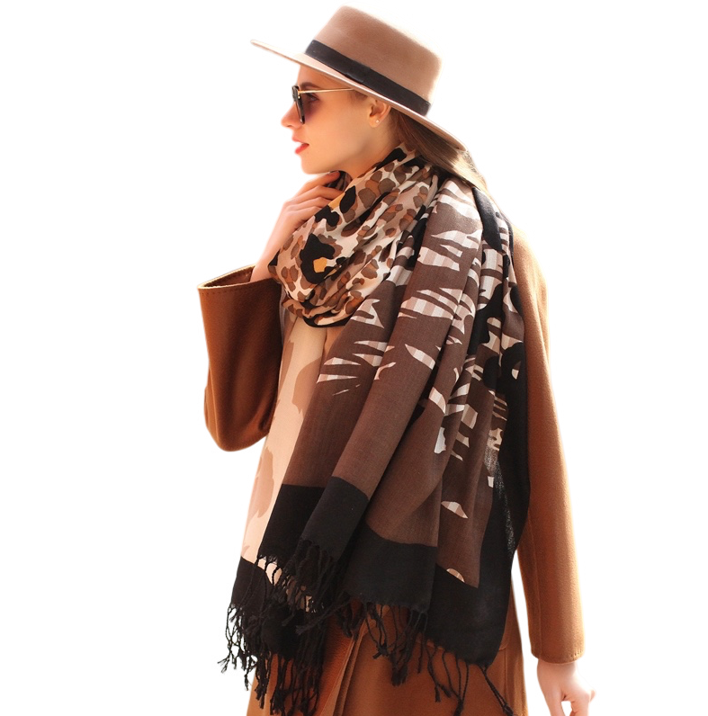 Anyyou 100% Merino Wool Brown Leopard Pattern  Silk Satin Large Winter Scarf Pashmina Shawl Bandana Perfect For Women Ladies Fashion Style