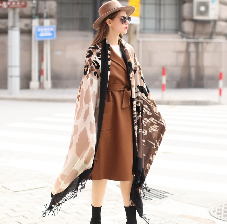 Anyyou 100% Merino Wool Brown Leopard Pattern  Silk Satin Large Winter Scarf Pashmina Shawl Bandana Perfect For Women Ladies Fashion Style