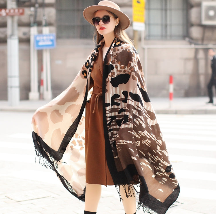 Anyyou 100% Merino Wool Brown Leopard Pattern  Silk Satin Large Winter Scarf Pashmina Shawl Bandana Perfect For Women Ladies Fashion Style