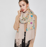 Anyyou 100% Pure Merino Wool Khaki Line Pattern Stylish Poncho Winter Large Scarf With Trendy Pashmina Shawl Bandana For Women Fashion Design