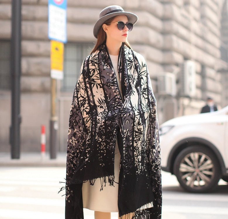 Anyyou 100% Merino Wool Black Grey Floral  Silk Satin Large Winter Scarf Pashmina Shawl Bandana Perfect For Women Ladies Fashion Style