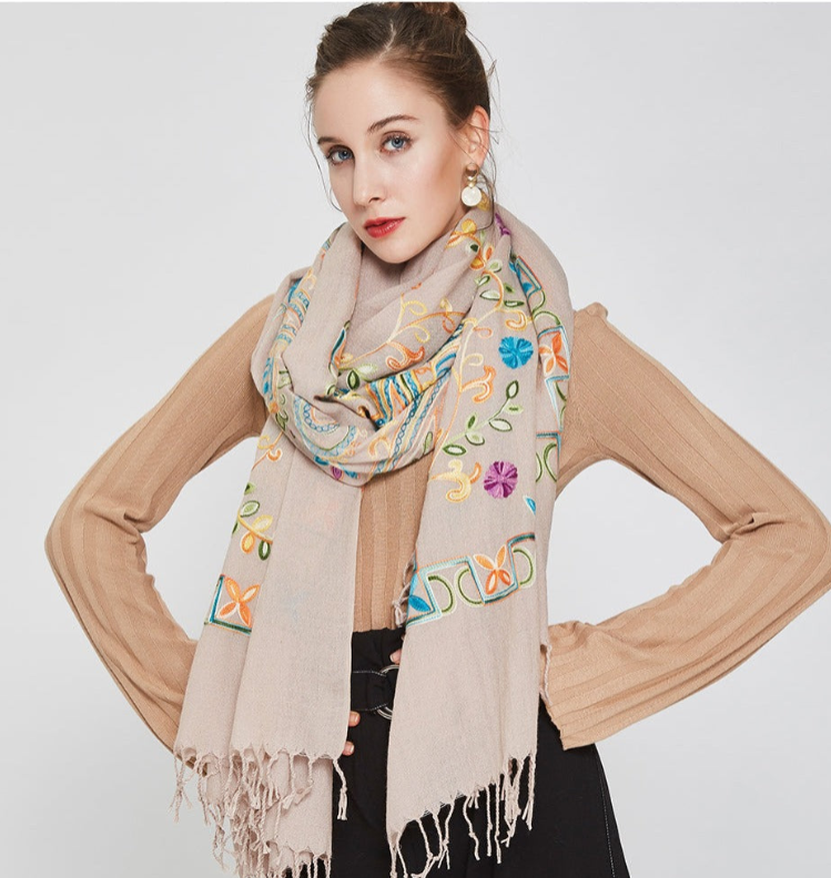 Anyyou 100% Pure Merino Wool Khaki Line Pattern Stylish Poncho Winter Large Scarf With Trendy Pashmina Shawl Bandana For Women Fashion Design