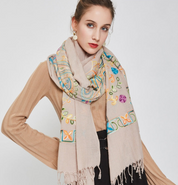 Anyyou 100% Pure Merino Wool Khaki Line Pattern Stylish Poncho Winter Large Scarf With Trendy Pashmina Shawl Bandana For Women Fashion Design