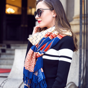 Anyyou 100% Pure Merino Wool Blue Striped Pattern Stylish Poncho Winter Large Scarf With Trendy Pashmina Shawl Bandana  For Womenfashion Design